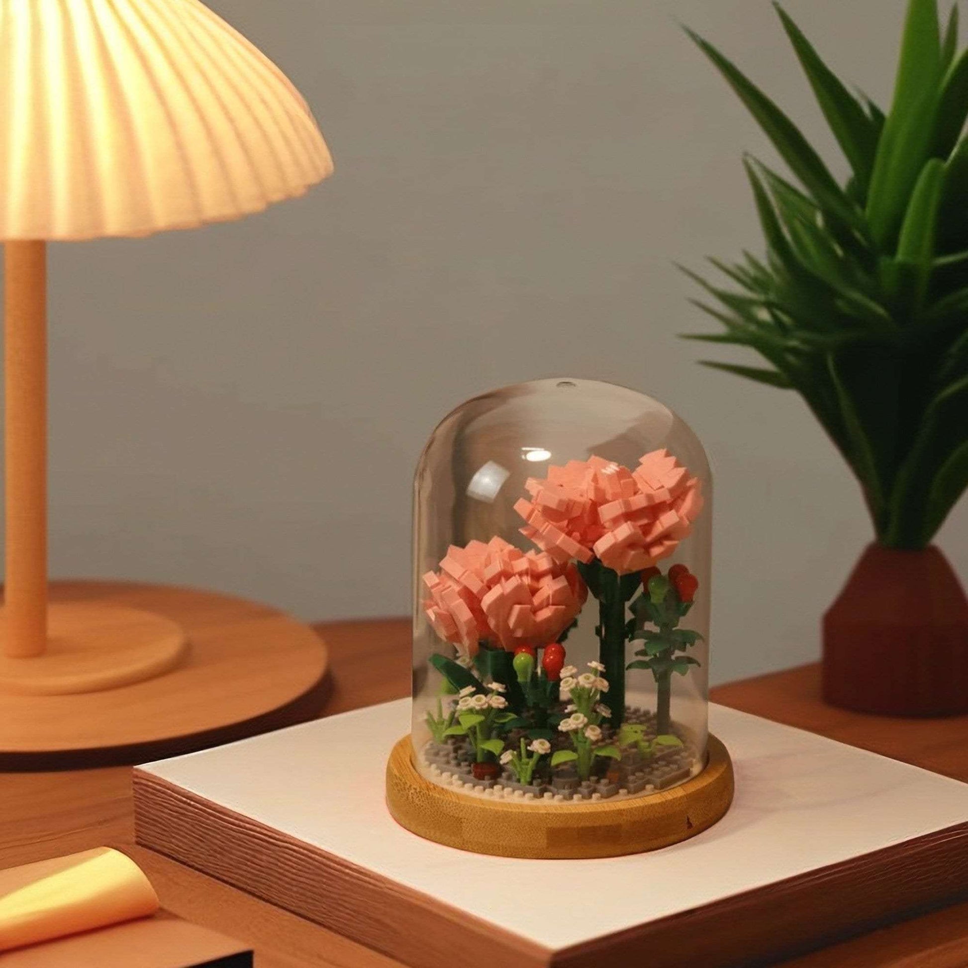 Everlasting Floral Brick Set - Charming Pink Carnation and Blue Rose with Plastic Dome - Creative Home Decor Kit - Builditfy