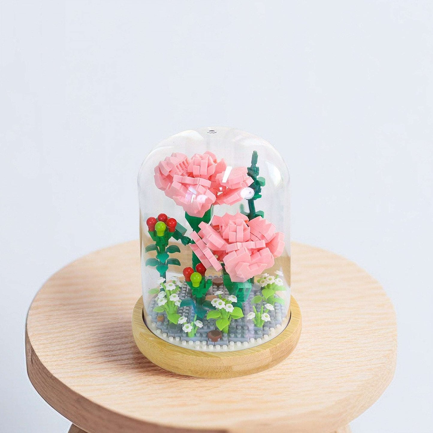 Everlasting Floral Brick Set - Charming Pink Carnation and Blue Rose with Plastic Dome - Creative Home Decor Kit - Builditfy