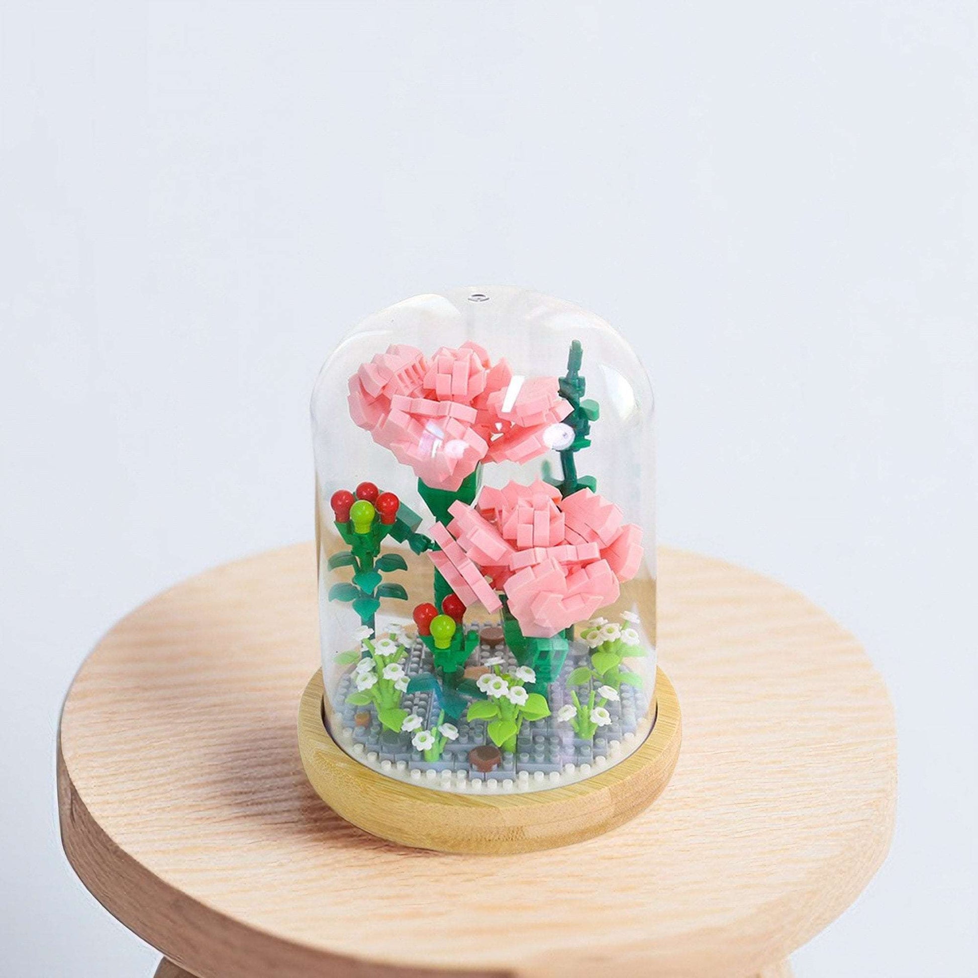 Everlasting Floral Brick Set - Charming Pink Carnation and Blue Rose with Plastic Dome - Creative Home Decor Kit - Builditfy