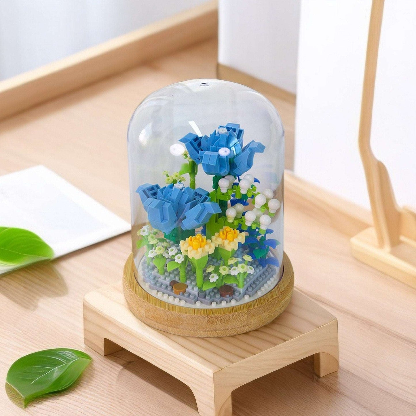 Everlasting Floral Brick Set - Charming Pink Carnation and Blue Rose with Plastic Dome - Creative Home Decor Kit - Builditfy