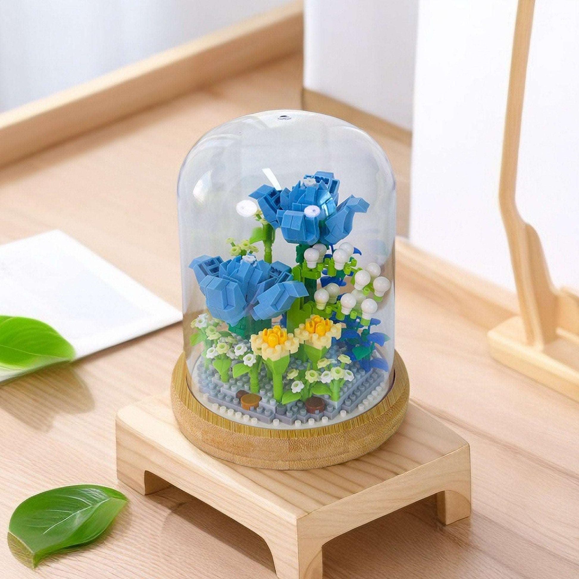 Everlasting Floral Brick Set - Charming Pink Carnation and Blue Rose with Plastic Dome - Creative Home Decor Kit - Builditfy