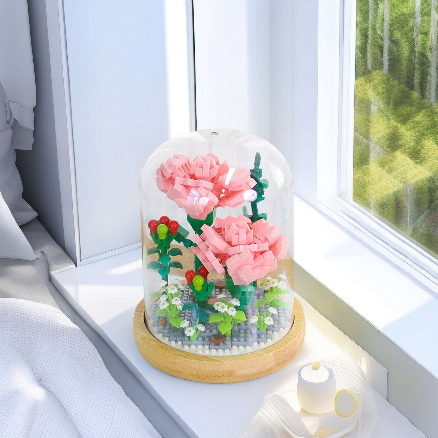 Everlasting Floral Brick Set - Charming Pink Carnation and Blue Rose with Plastic Dome - Creative Home Decor Kit - Builditfy