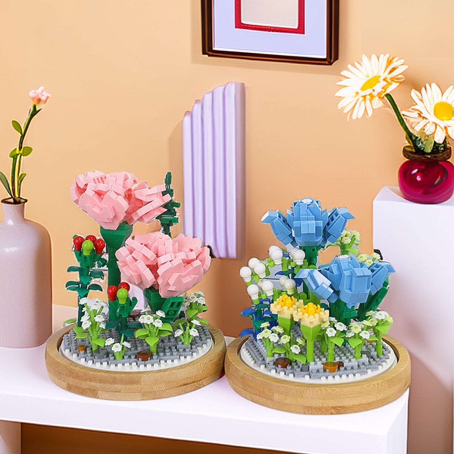 Everlasting Floral Brick Set - Charming Pink Carnation and Blue Rose with Plastic Dome - Creative Home Decor Kit - Builditfy