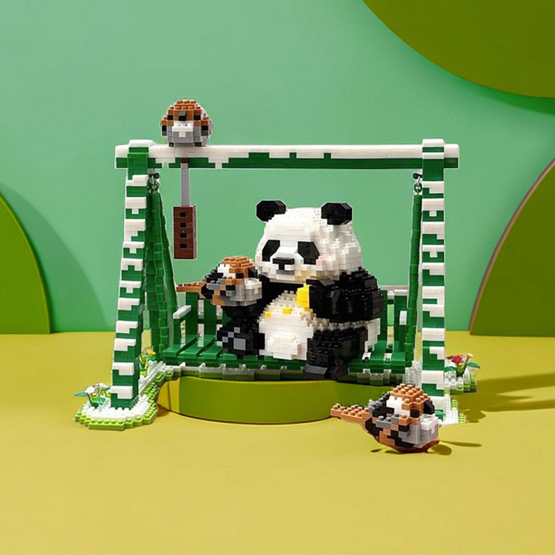 Cute Panda Playground Nano Blocks Brick Set - Articulated Garden Swing and Detachable Panda Figures - 2468 Piece Kit - Builditfy