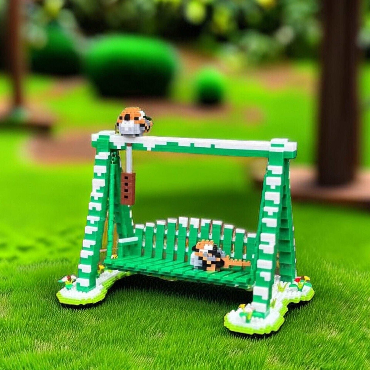 Cute Panda Playground Nano Blocks Brick Set - Articulated Garden Swing and Detachable Panda Figures - 2468 Piece Kit - Builditfy