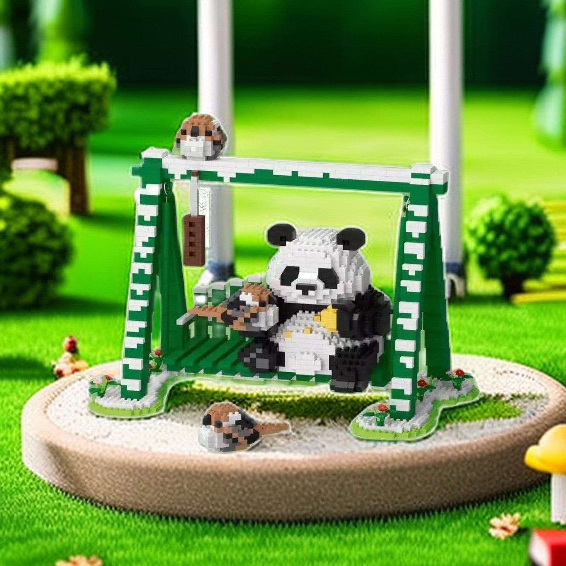 Cute Panda Playground Nano Blocks Brick Set - Articulated Garden Swing and Detachable Panda Figures - 2468 Piece Kit - Builditfy