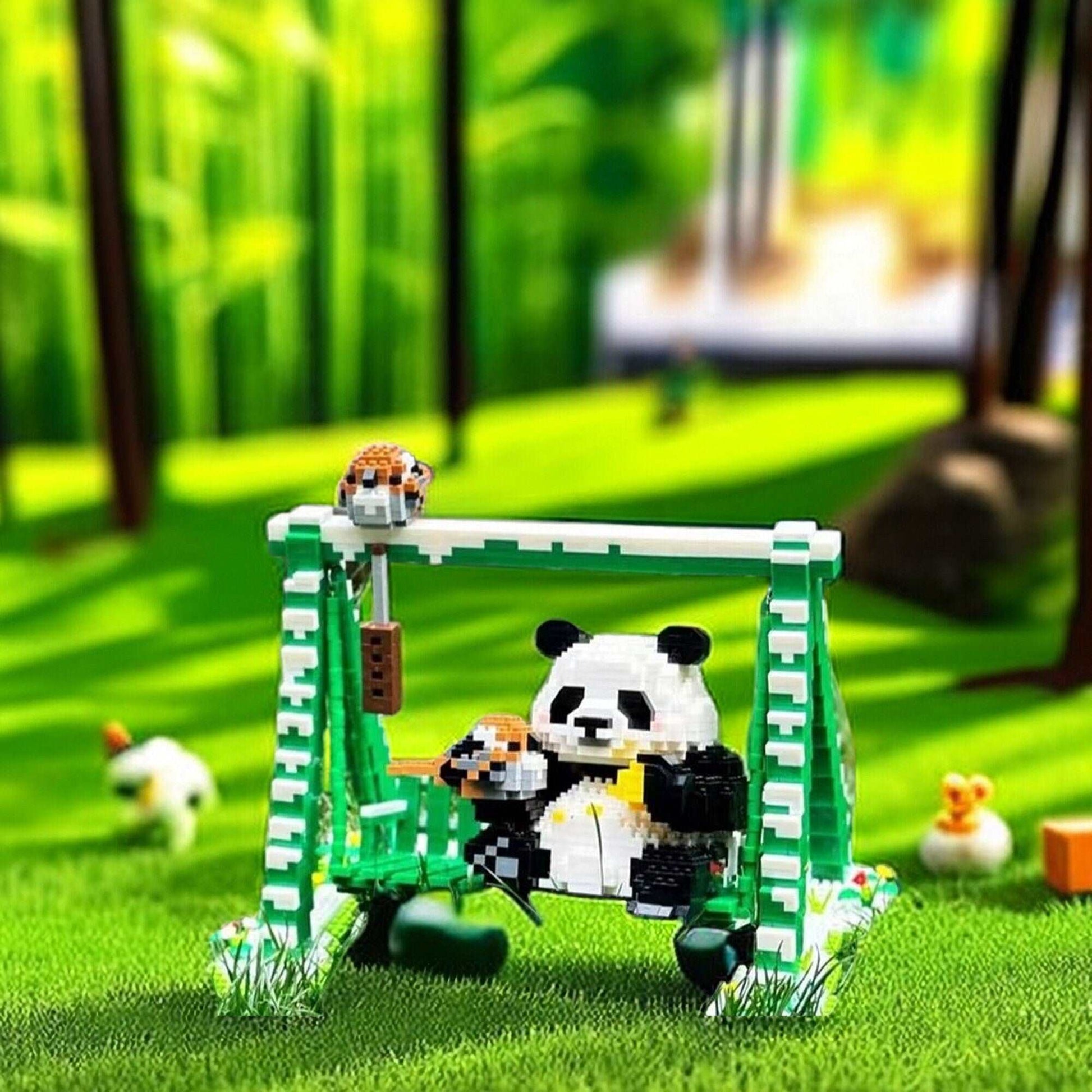 Cute Panda Playground Nano Blocks Brick Set - Articulated Garden Swing and Detachable Panda Figures - 2468 Piece Kit - Builditfy