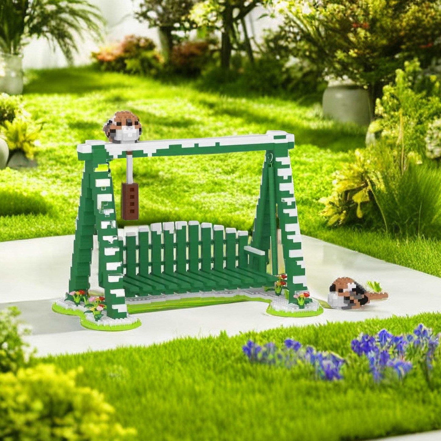Cute Panda Playground Nano Blocks Brick Set - Articulated Garden Swing and Detachable Panda Figures - 2468 Piece Kit - Builditfy