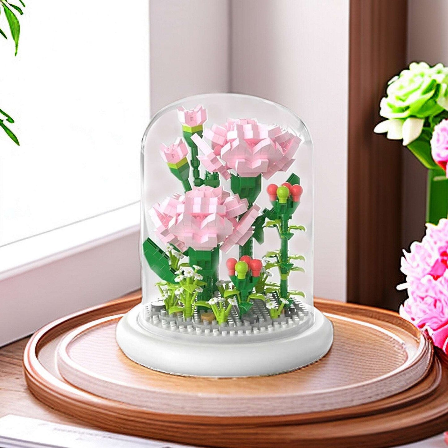 DIY Illuminated Floral Brilliance Brick Set - Build-Your-Own Glow-in-the-Dark Flower Display with LED Base - Blue or Pink Blossom Kit - Builditfy