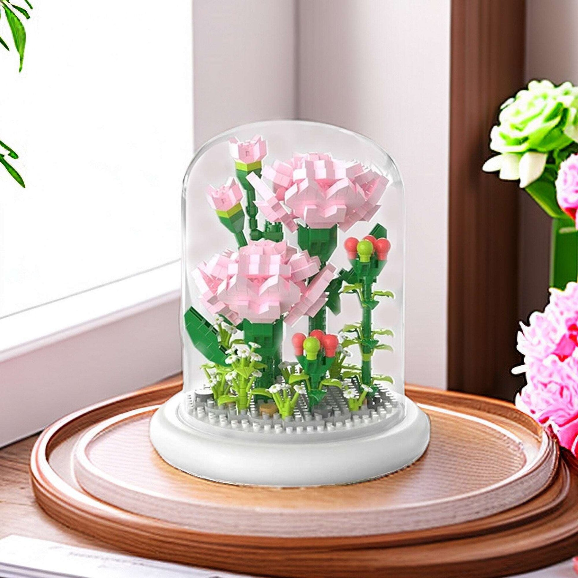 DIY Illuminated Floral Brilliance Brick Set - Build-Your-Own Glow-in-the-Dark Flower Display with LED Base - Blue or Pink Blossom Kit - Builditfy