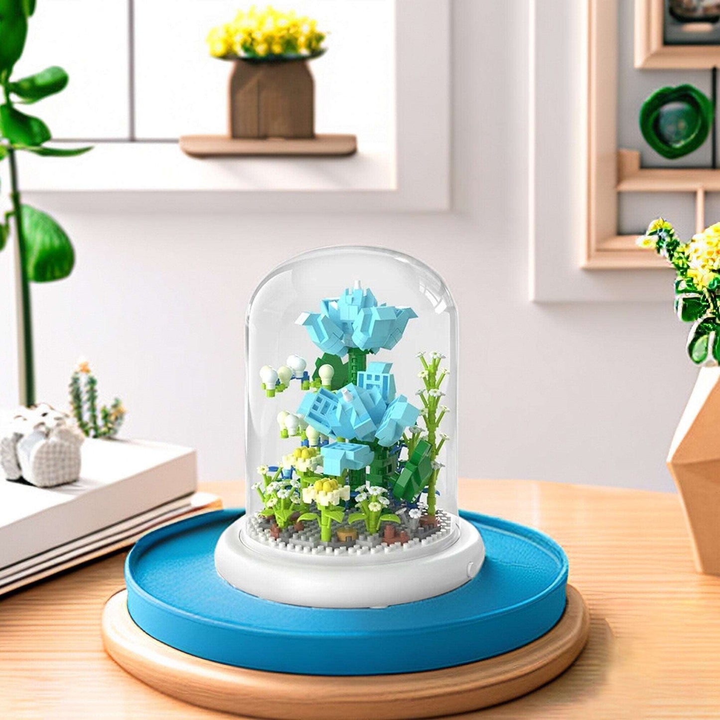 DIY Illuminated Floral Brilliance Brick Set - Build-Your-Own Glow-in-the-Dark Flower Display with LED Base - Blue or Pink Blossom Kit - Builditfy