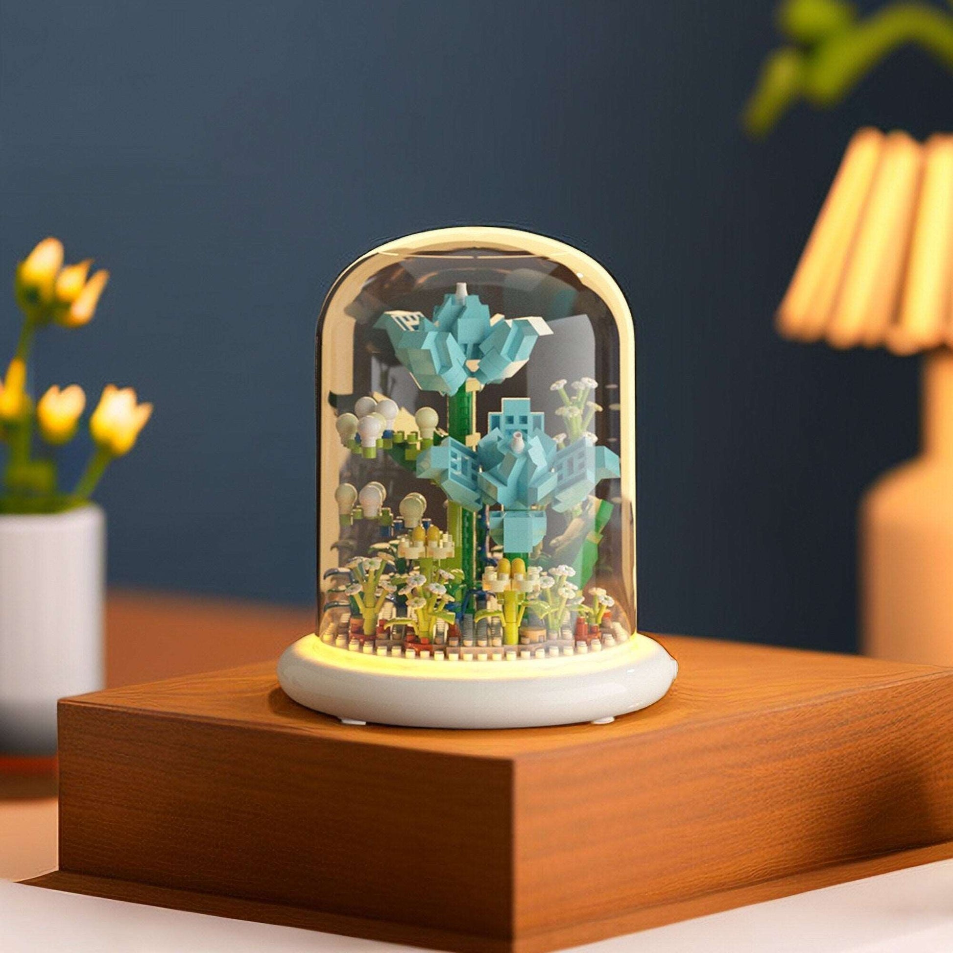 DIY Illuminated Floral Brilliance Brick Set - Build-Your-Own Glow-in-the-Dark Flower Display with LED Base - Blue or Pink Blossom Kit - Builditfy