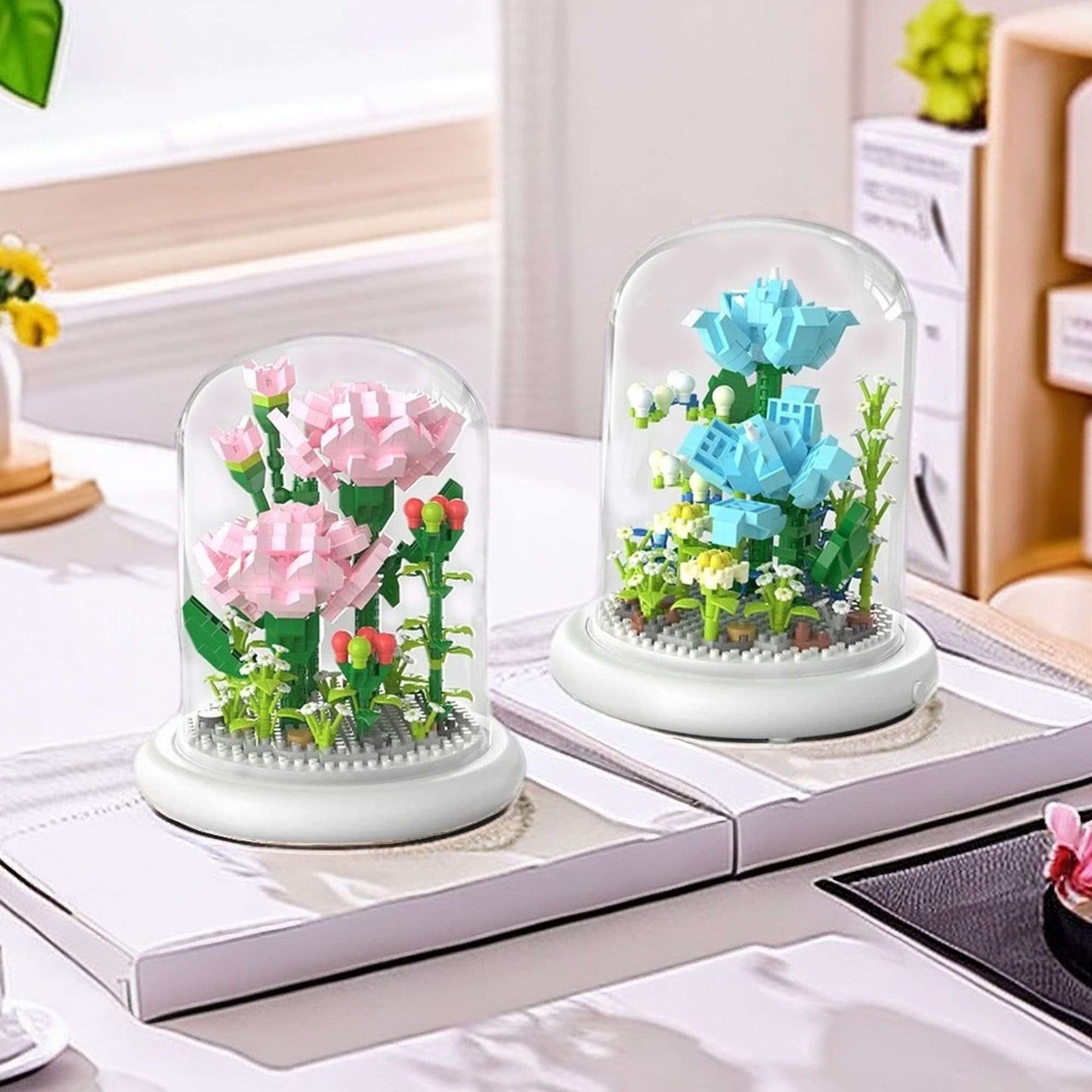 DIY Illuminated Floral Brilliance Brick Set - Build-Your-Own Glow-in-the-Dark Flower Display with LED Base - Blue or Pink Blossom Kit - Builditfy