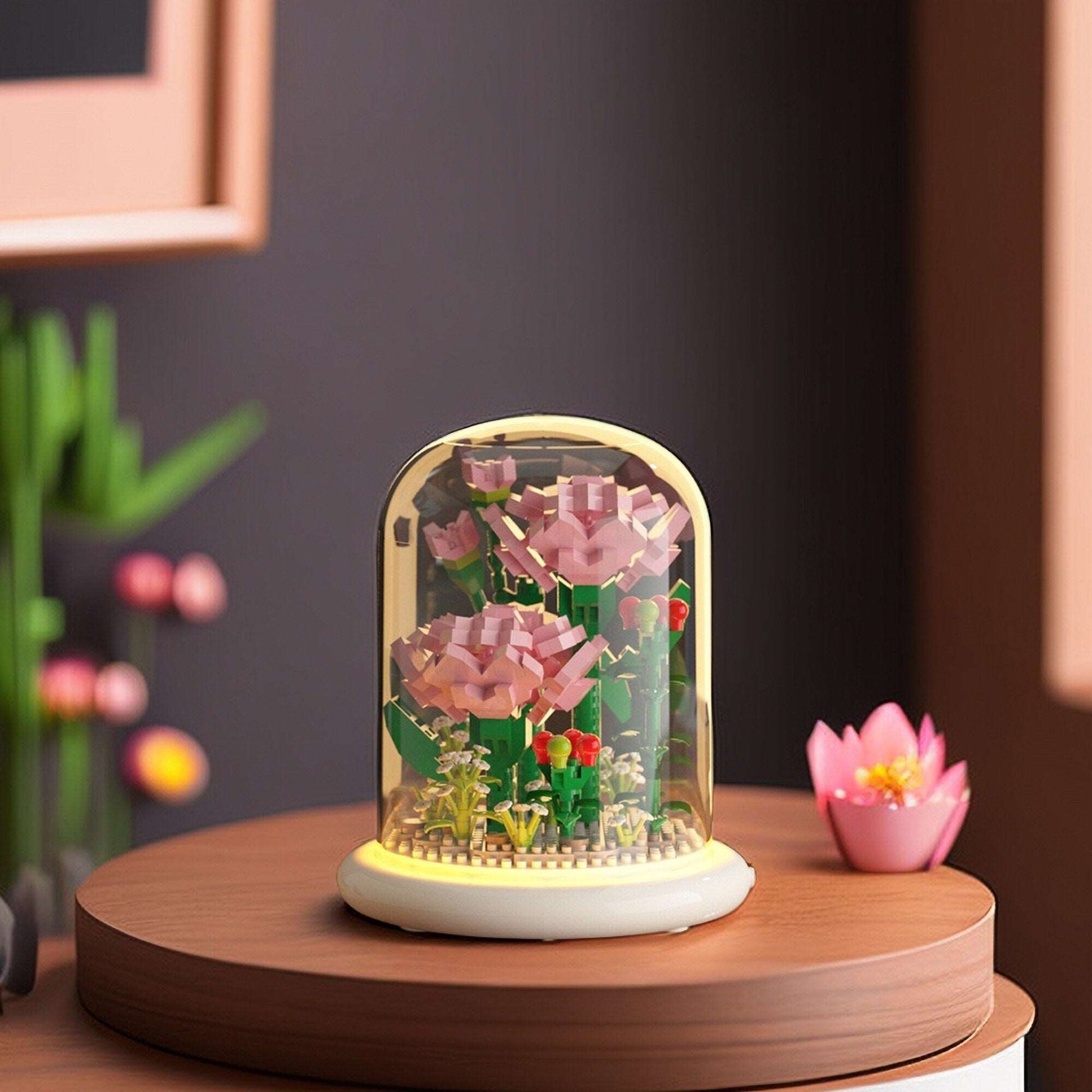 DIY Illuminated Floral Brilliance Brick Set - Build-Your-Own Glow-in-the-Dark Flower Display with LED Base - Blue or Pink Blossom Kit - Builditfy