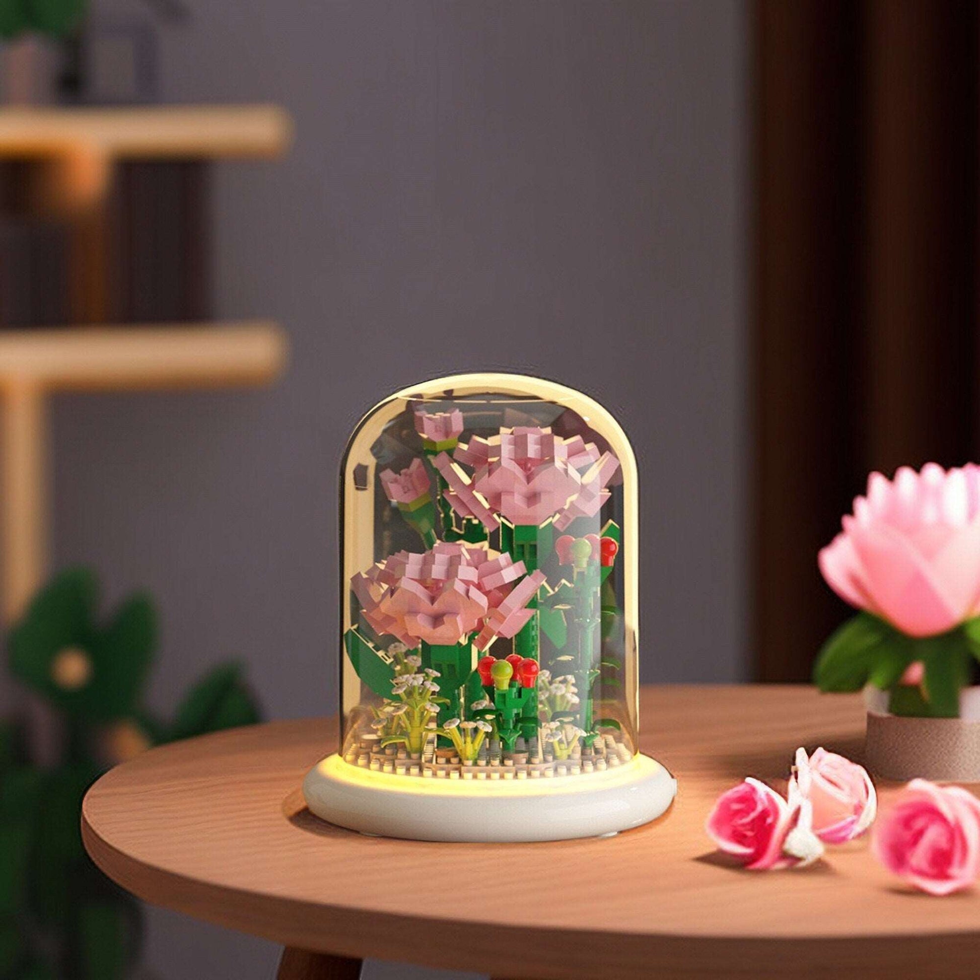 DIY Illuminated Floral Brilliance Brick Set - Build-Your-Own Glow-in-the-Dark Flower Display with LED Base - Blue or Pink Blossom Kit - Builditfy