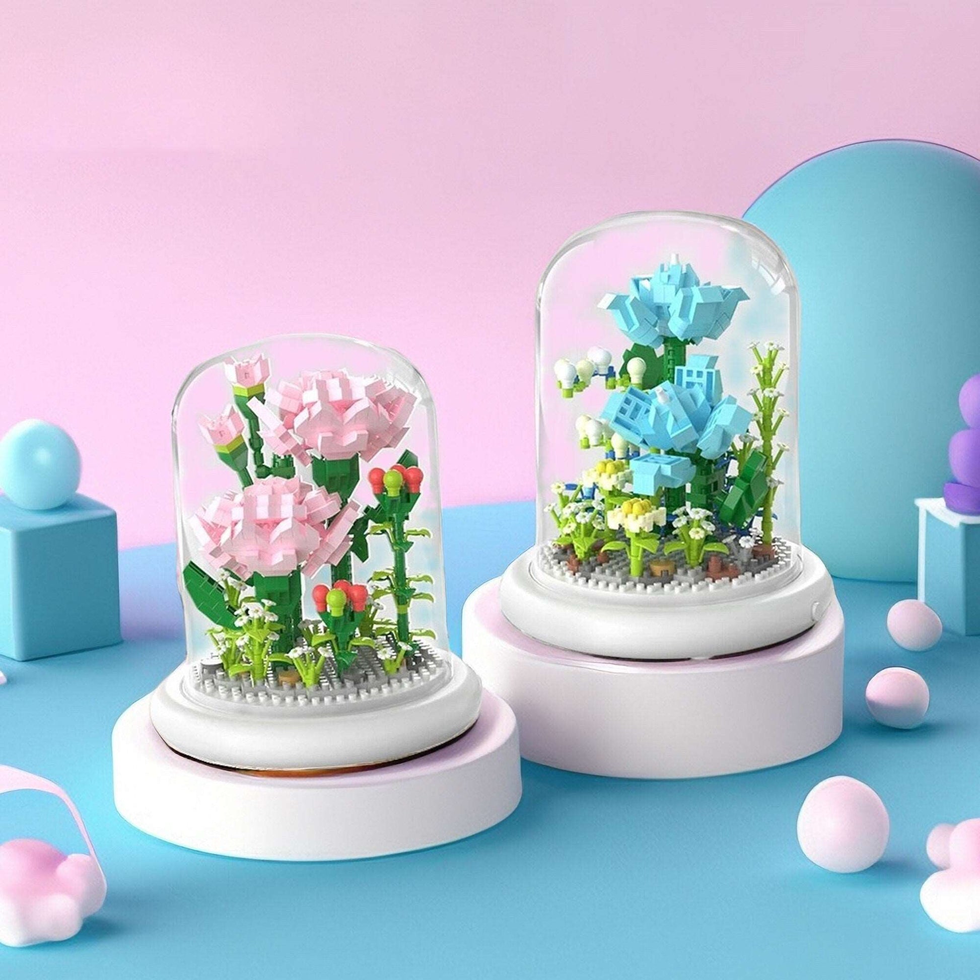 DIY Illuminated Floral Brilliance Brick Set - Build-Your-Own Glow-in-the-Dark Flower Display with LED Base - Blue or Pink Blossom Kit - Builditfy