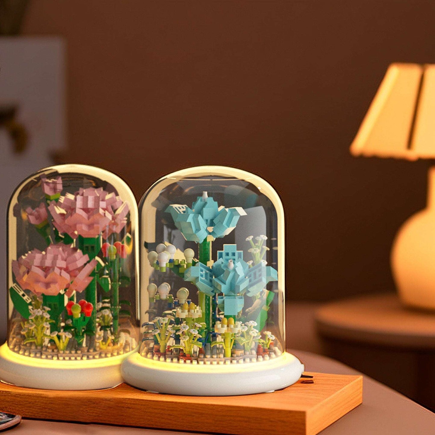 DIY Illuminated Floral Brilliance Brick Set - Build-Your-Own Glow-in-the-Dark Flower Display with LED Base - Blue or Pink Blossom Kit - Builditfy