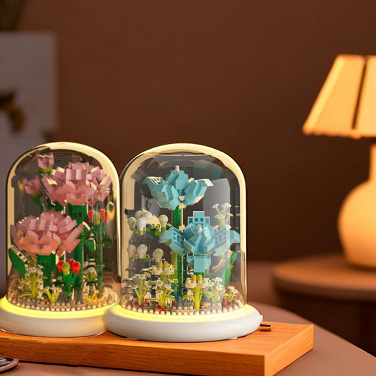 DIY Illuminated Floral Brilliance Brick Set - Build-Your-Own Glow-in-the-Dark Flower Display with LED Base - Blue or Pink Blossom Kit - Builditfy