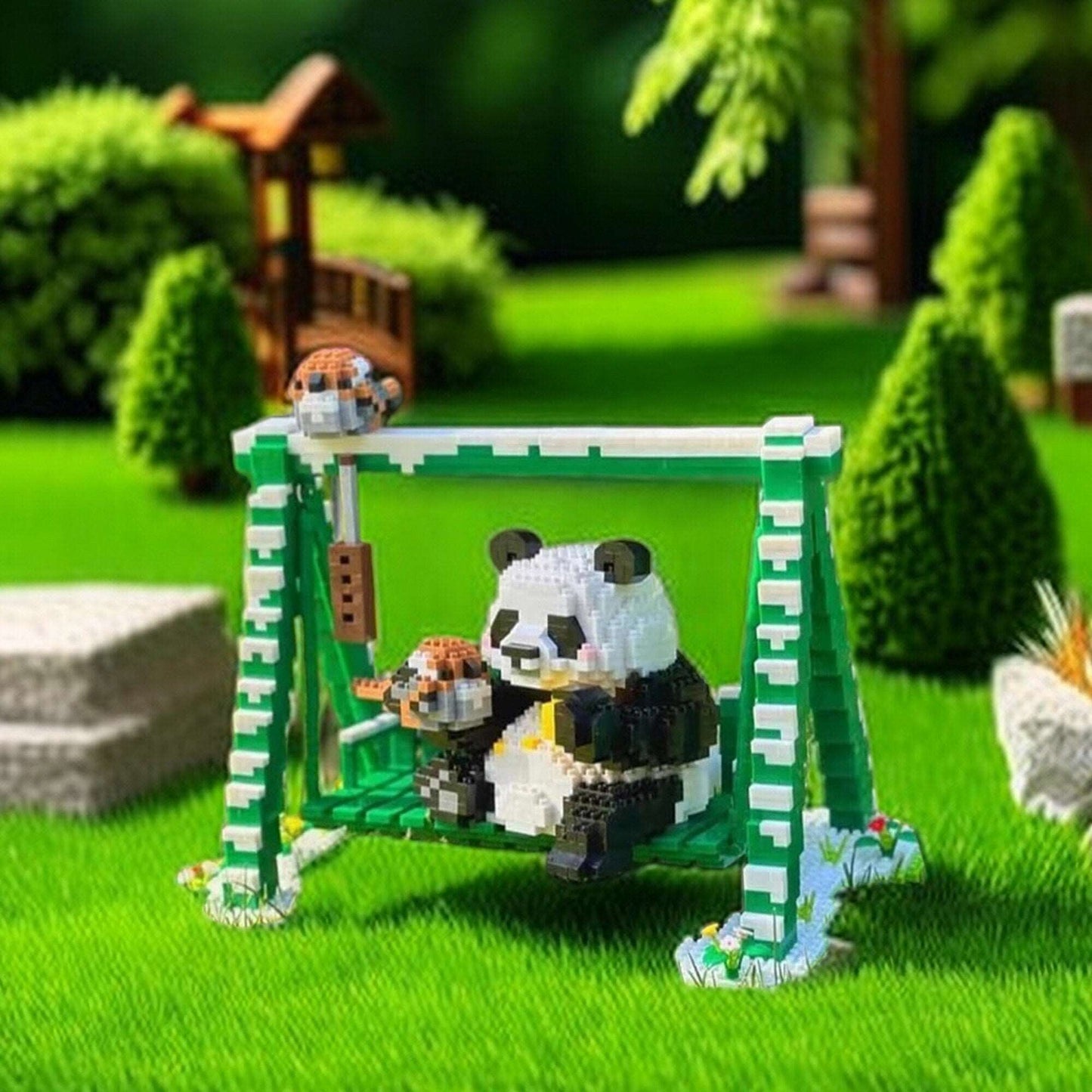 Cute Panda Playground Nano Blocks Brick Set - Articulated Garden Swing and Detachable Panda Figures - 2468 Piece Kit - Builditfy