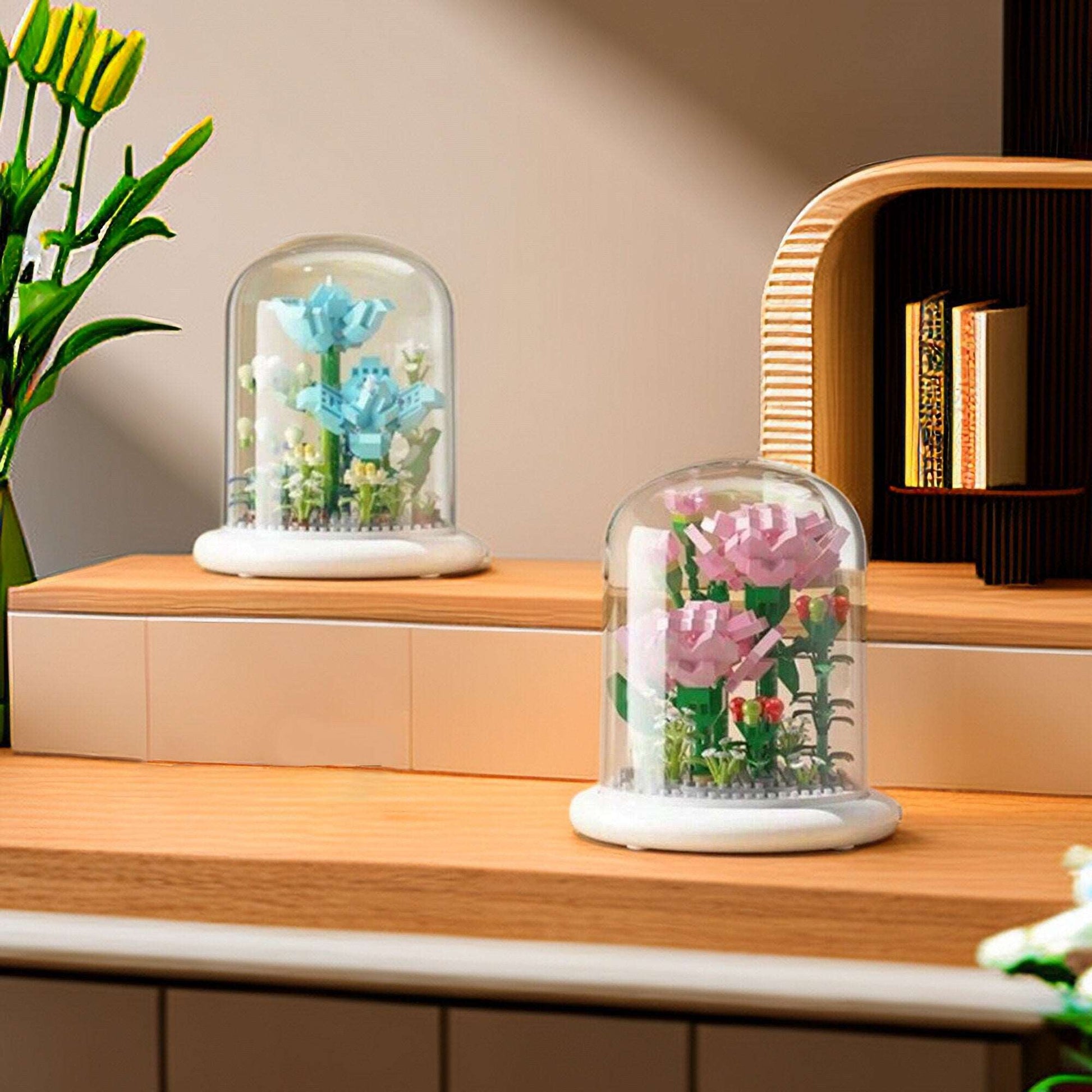 DIY Illuminated Floral Brilliance Brick Set - Build-Your-Own Glow-in-the-Dark Flower Display with LED Base - Blue or Pink Blossom Kit - Builditfy