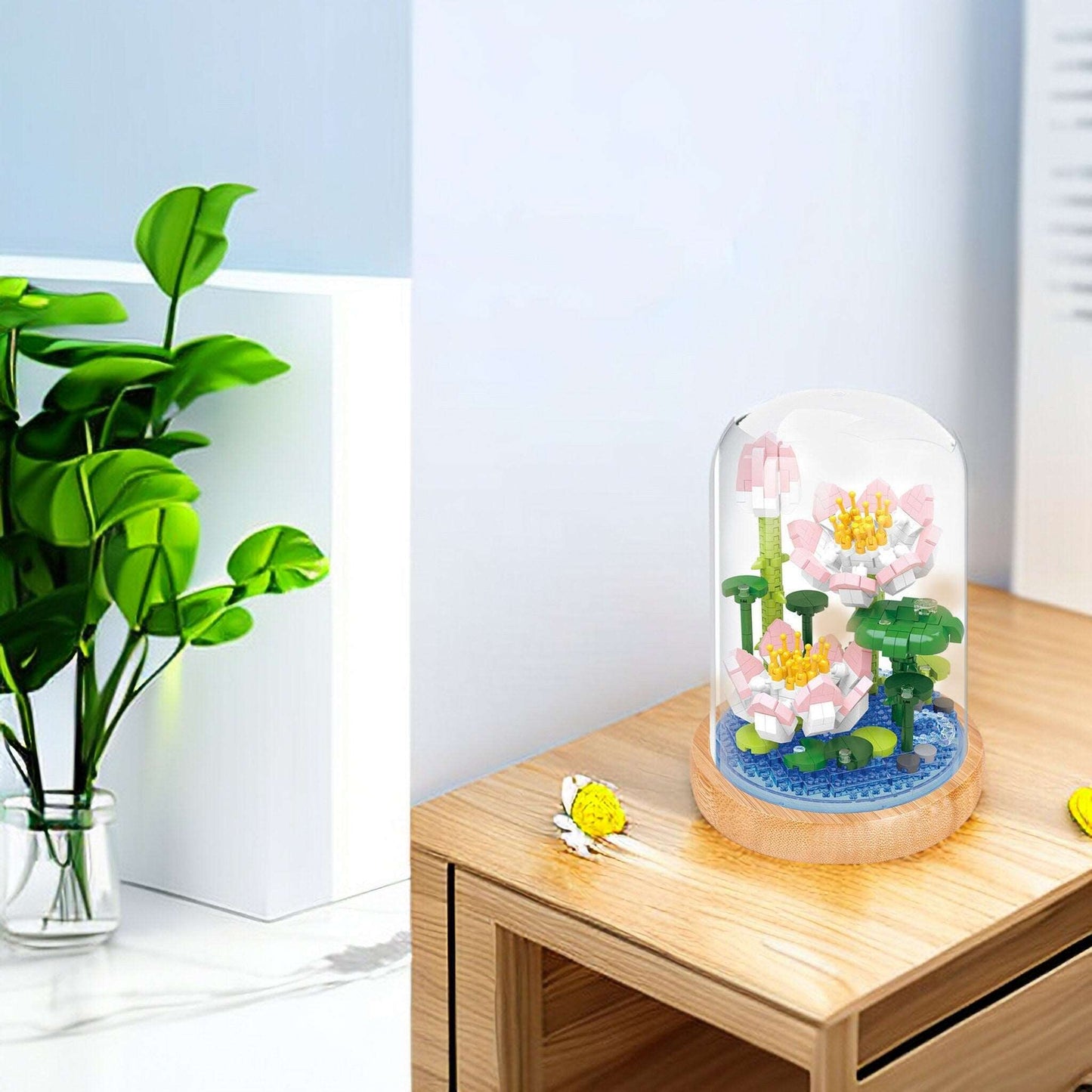 Everlasting Floral Brick Set - Charming Sun Flower, Lotus, White Lily and Ivy Morning lory with Plastic Dome - Builditfy