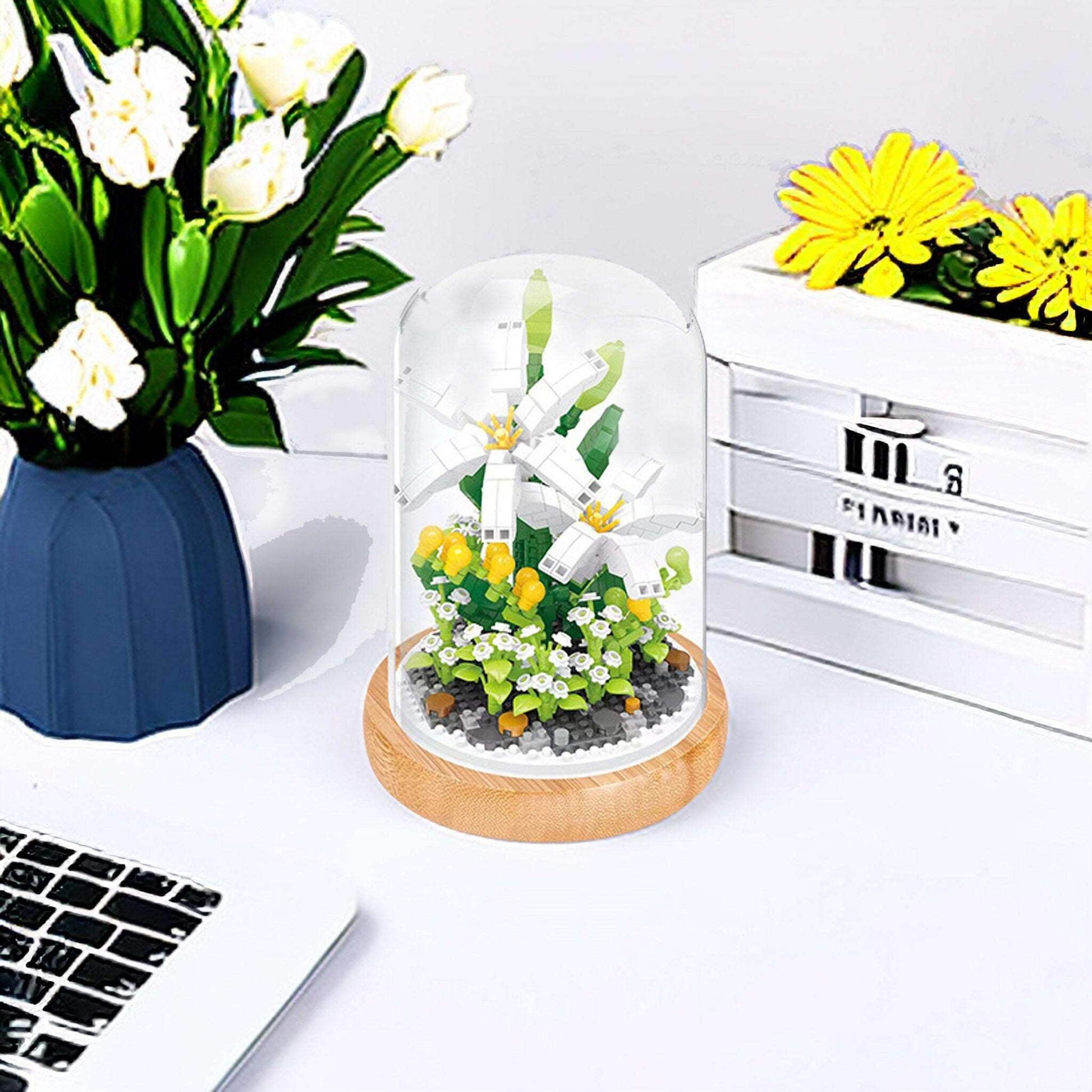 Everlasting Floral Brick Set - Charming Sun Flower, Lotus, White Lily and Ivy Morning lory with Plastic Dome - Builditfy