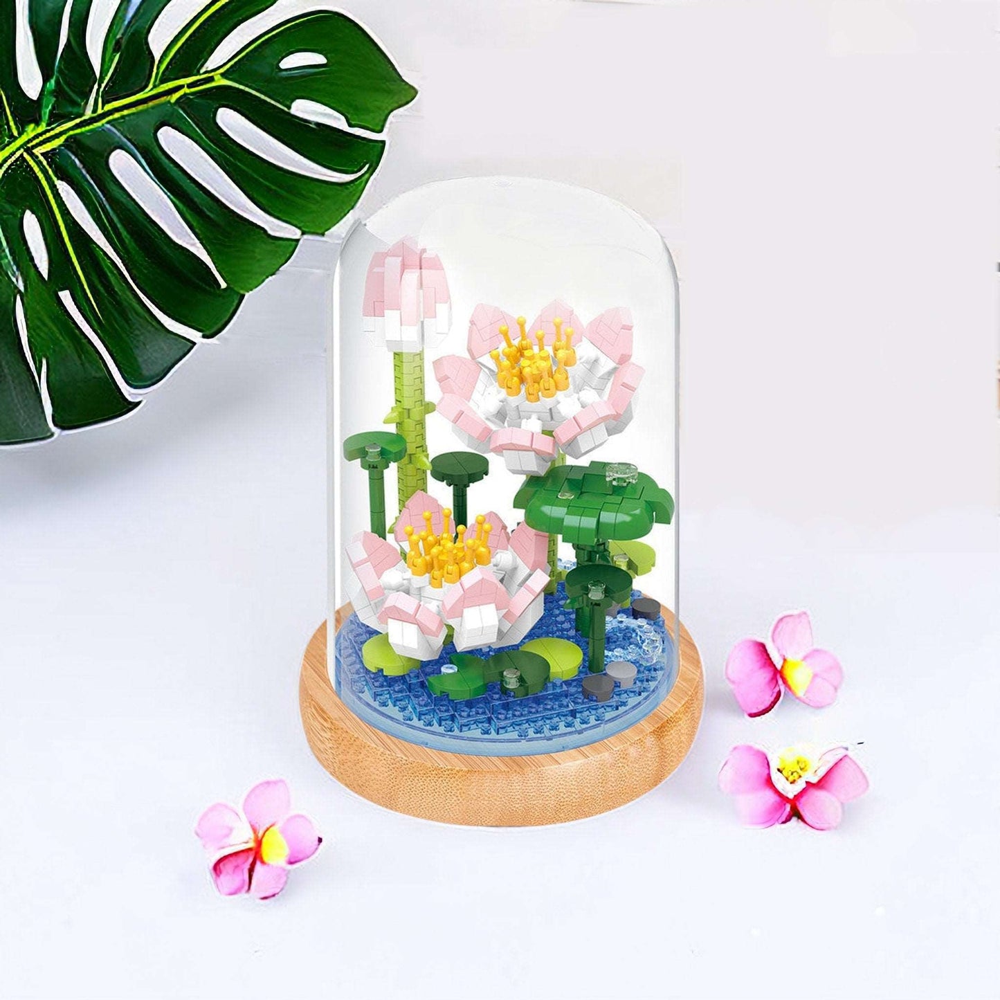 Everlasting Floral Brick Set - Charming Sun Flower, Lotus, White Lily and Ivy Morning lory with Plastic Dome - Builditfy