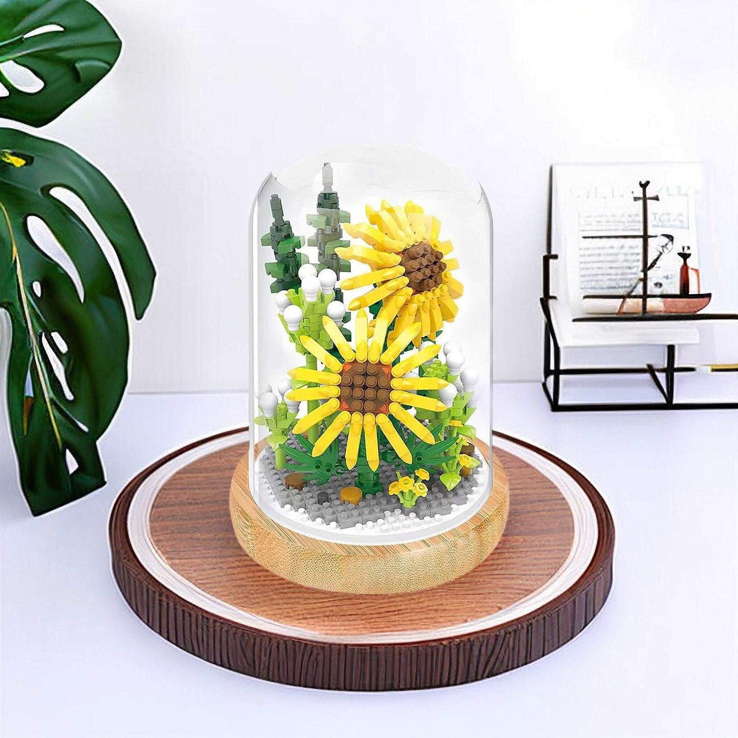 Everlasting Floral Brick Set - Charming Sun Flower, Lotus, White Lily and Ivy Morning lory with Plastic Dome - Builditfy
