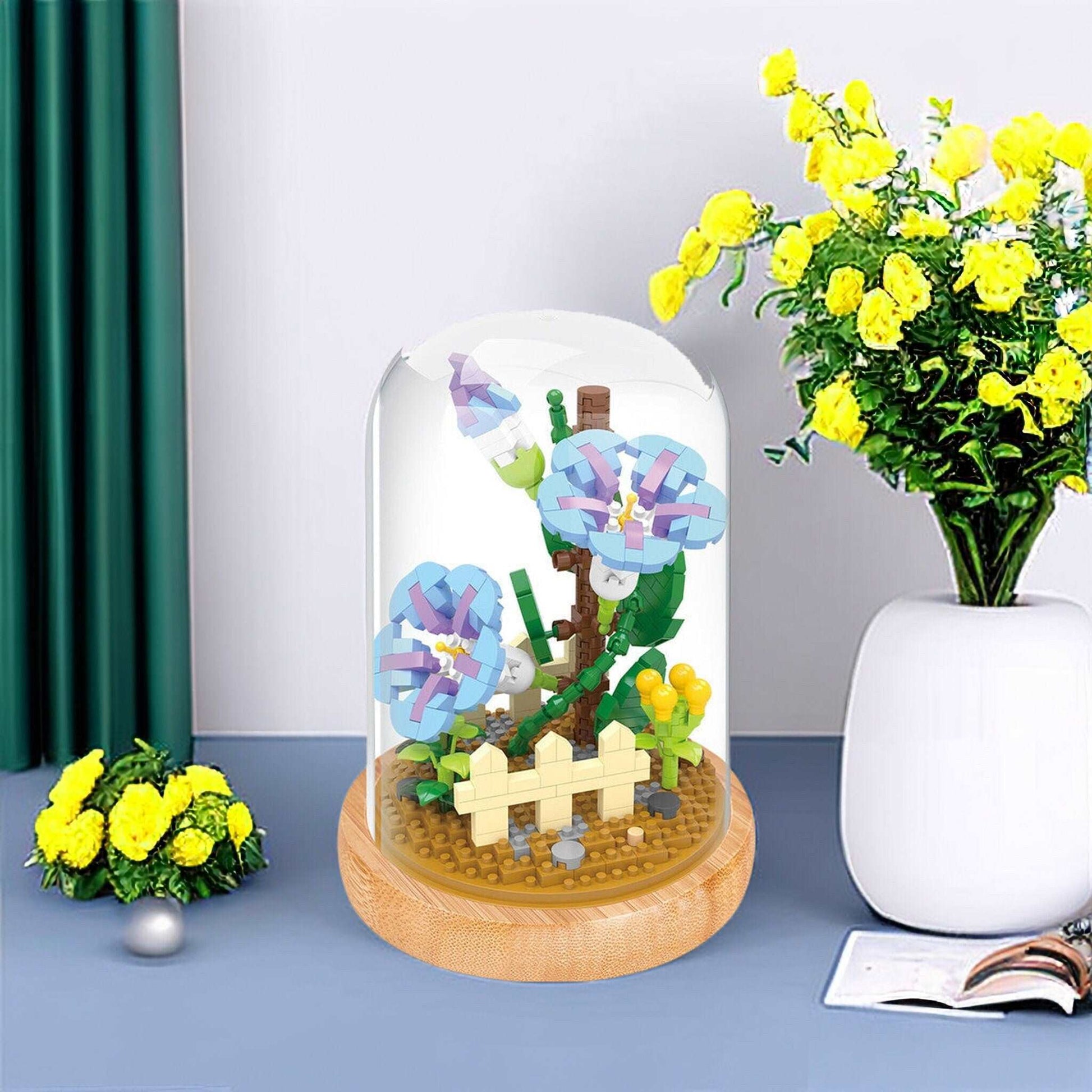 Everlasting Floral Brick Set - Charming Sun Flower, Lotus, White Lily and Ivy Morning lory with Plastic Dome - Builditfy