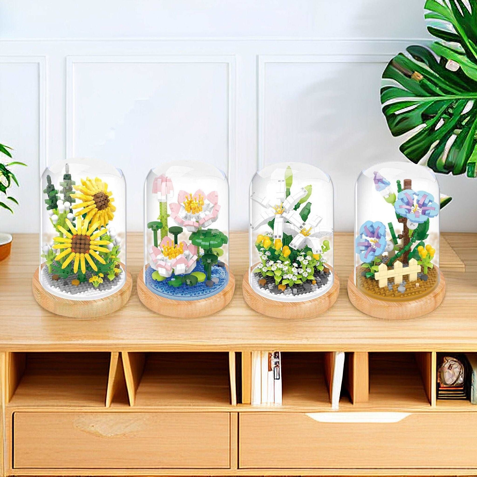 Everlasting Floral Brick Set - Charming Sun Flower, Lotus, White Lily and Ivy Morning lory with Plastic Dome - Builditfy