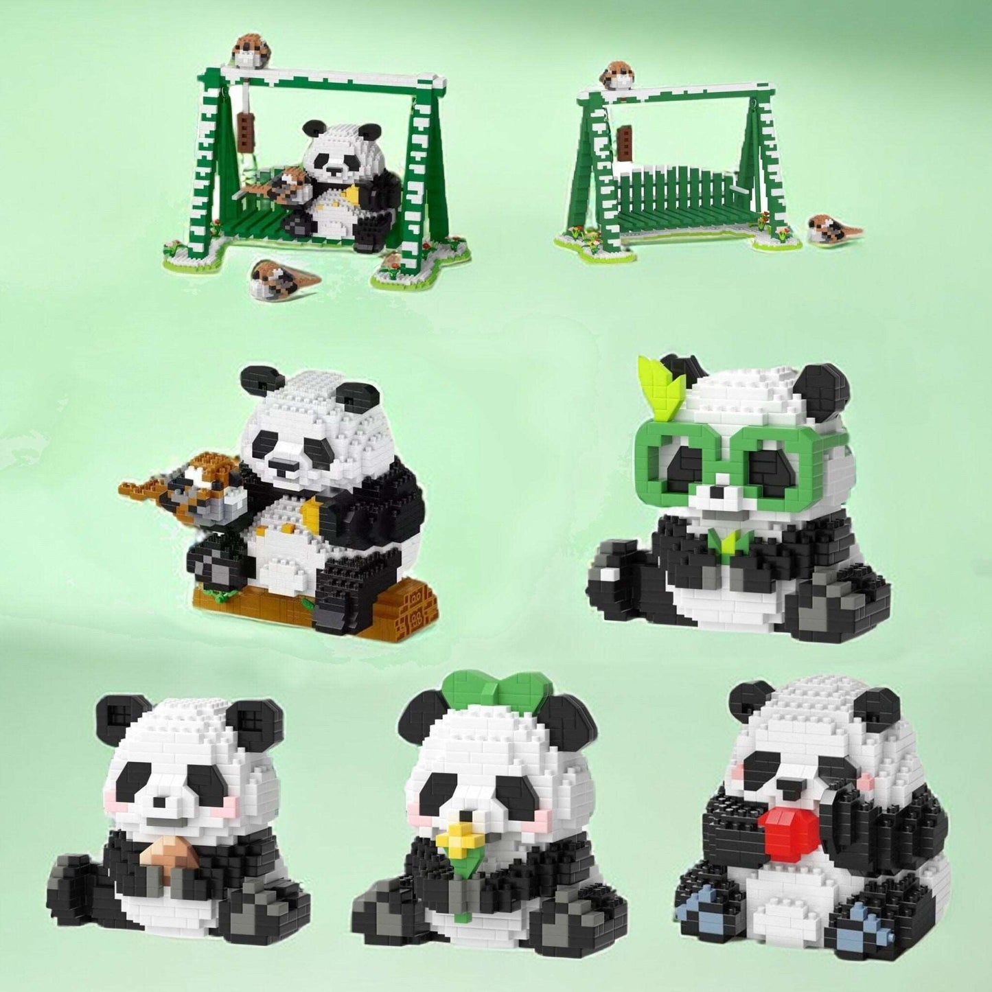 Adorable Pandas Nano Blocks Brick Set - Articulated Garden Swing and Detachable Panda Figures - Builditfy