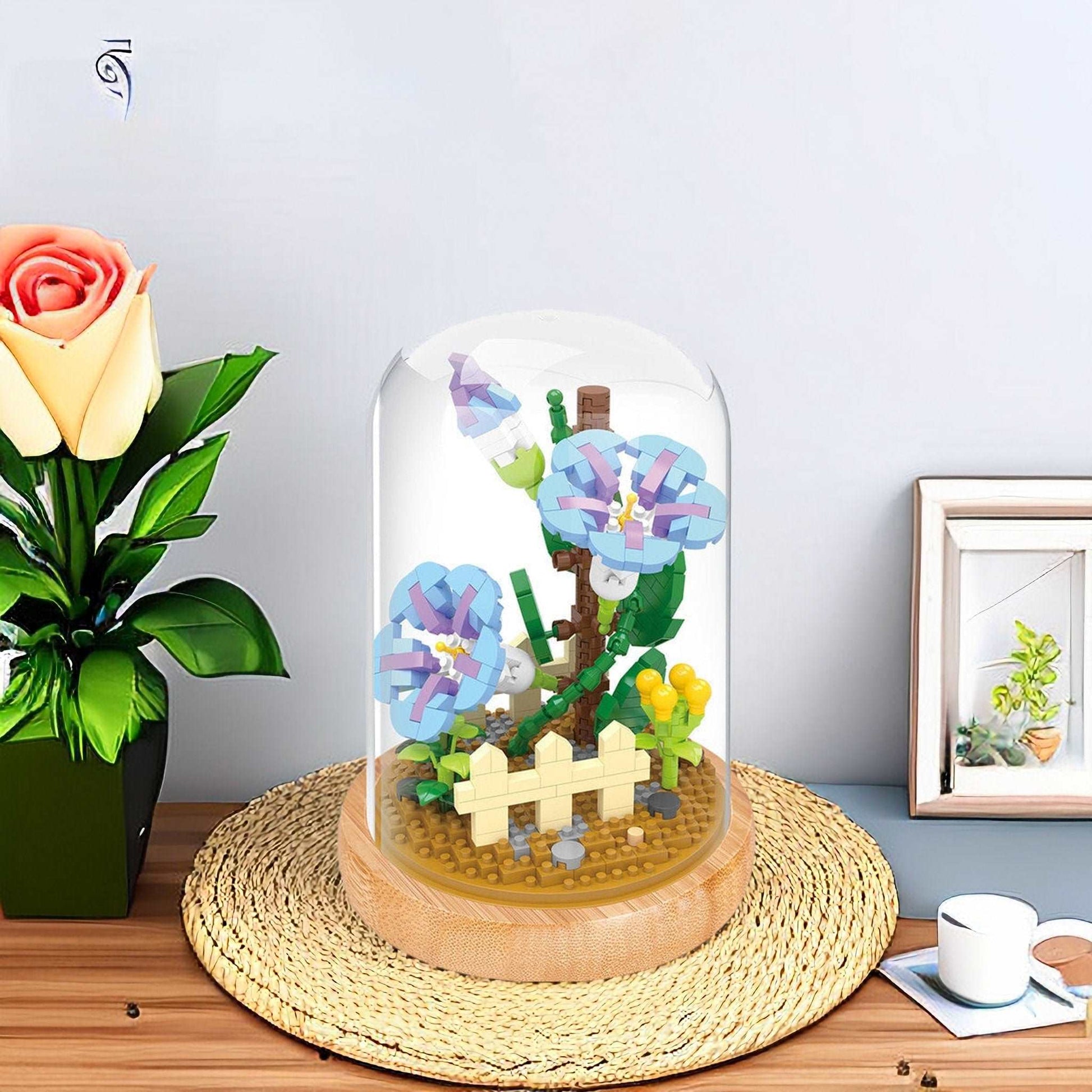 Everlasting Floral Brick Set - Charming Sun Flower, Lotus, White Lily and Ivy Morning lory with Plastic Dome - Builditfy