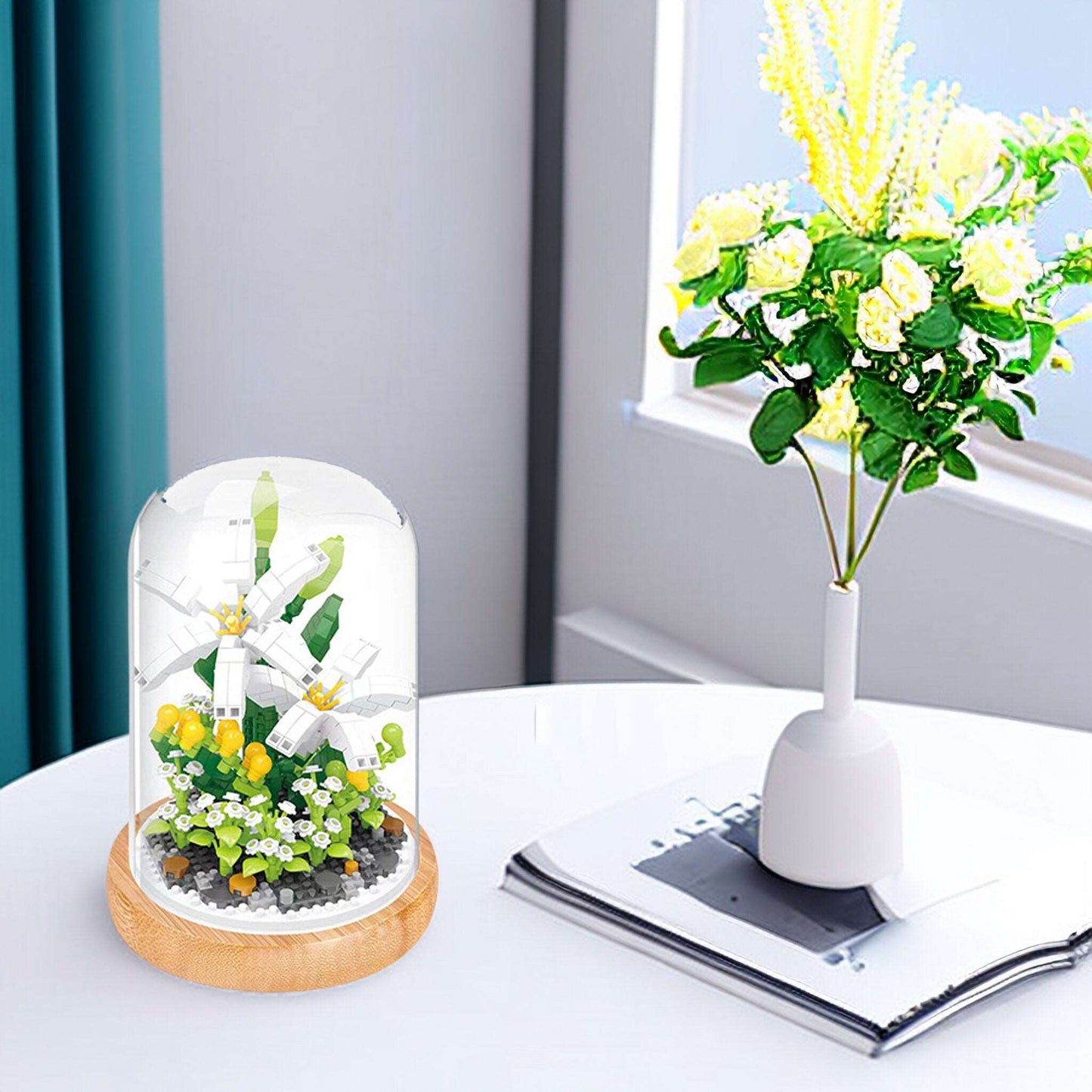 Everlasting Floral Brick Set - Charming Sun Flower, Lotus, White Lily and Ivy Morning lory with Plastic Dome - Builditfy