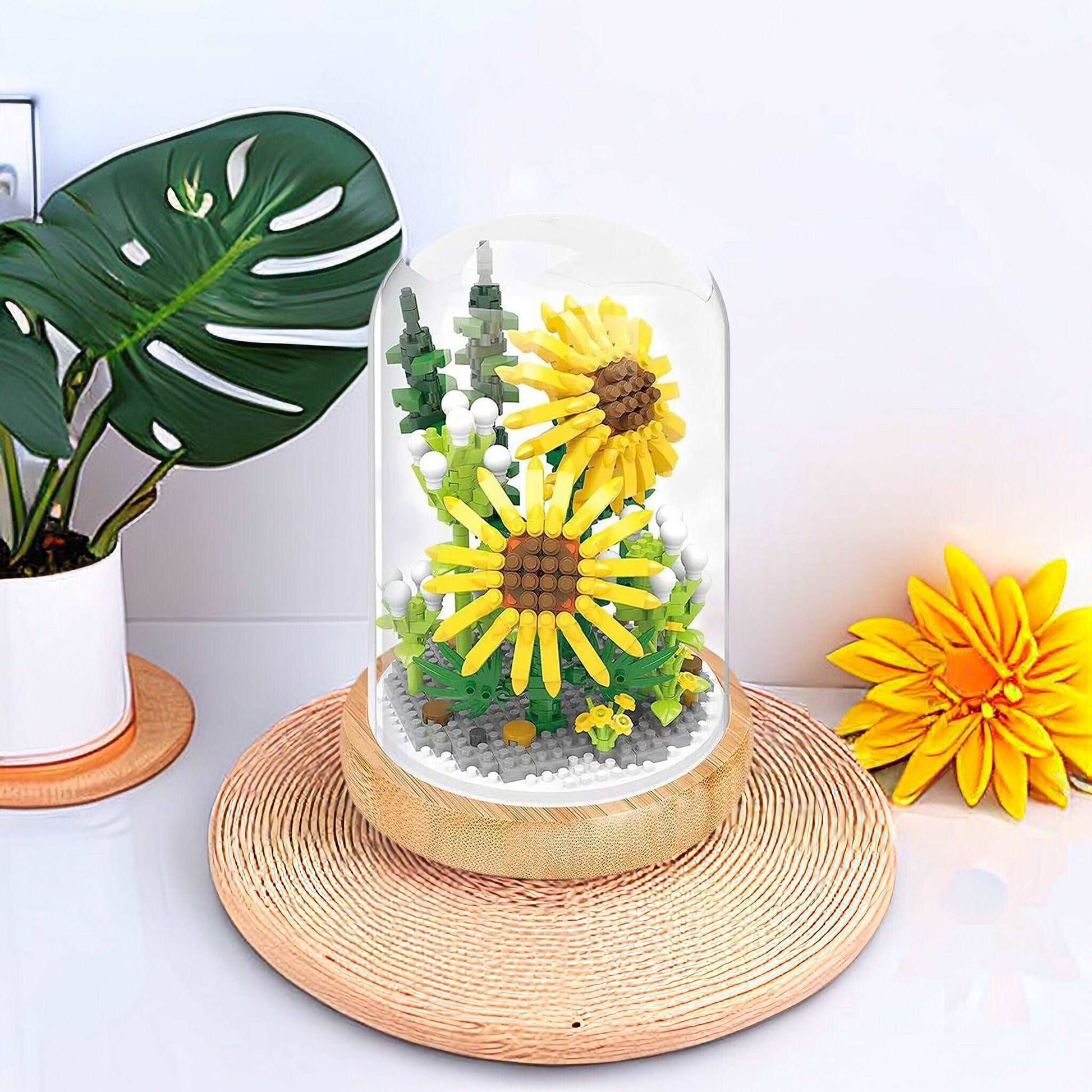 Everlasting Floral Brick Set - Charming Sun Flower, Lotus, White Lily and Ivy Morning lory with Plastic Dome - Builditfy