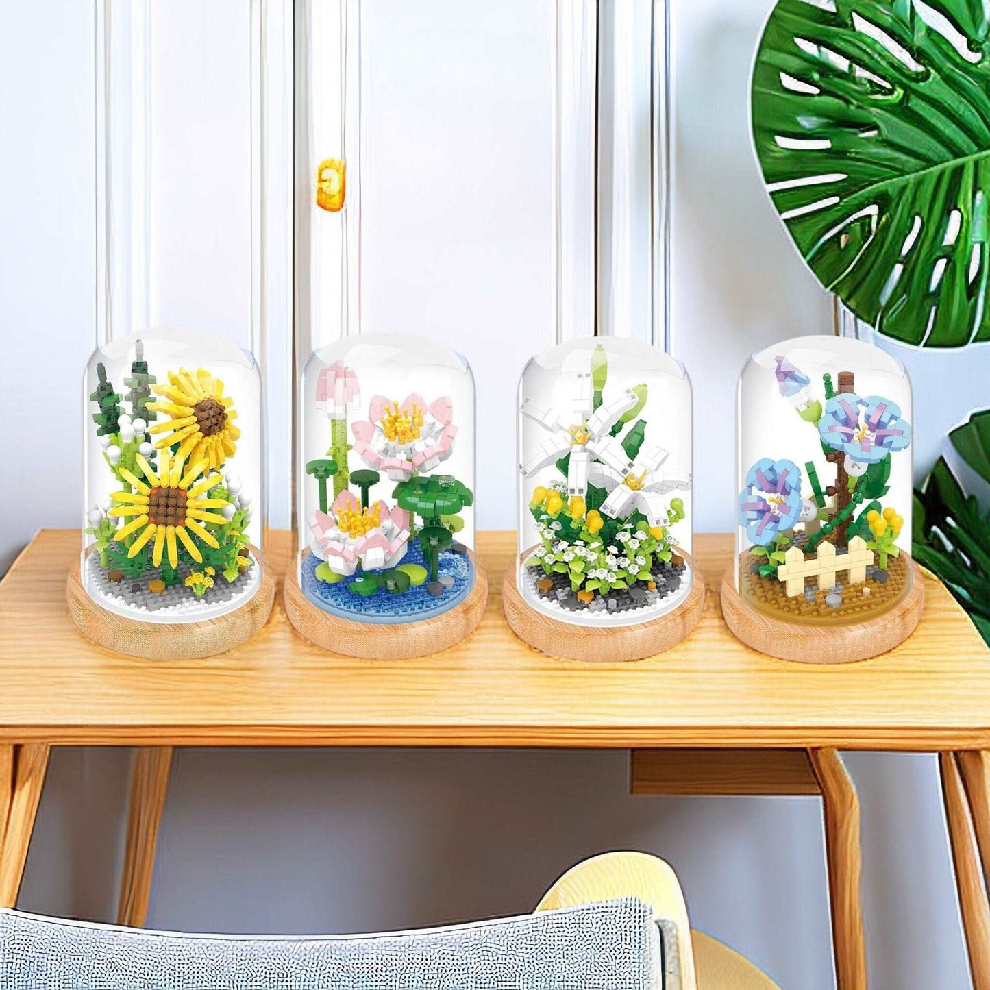 Everlasting Floral Brick Set - Charming Sun Flower, Lotus, White Lily and Ivy Morning lory with Plastic Dome - Builditfy