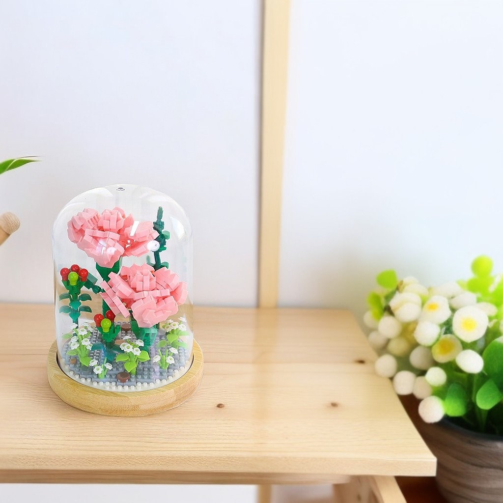 Everlasting Floral Brick Set - Charming Pink Carnation and Blue Rose with Plastic Dome - Creative Home Decor Kit - Builditfy