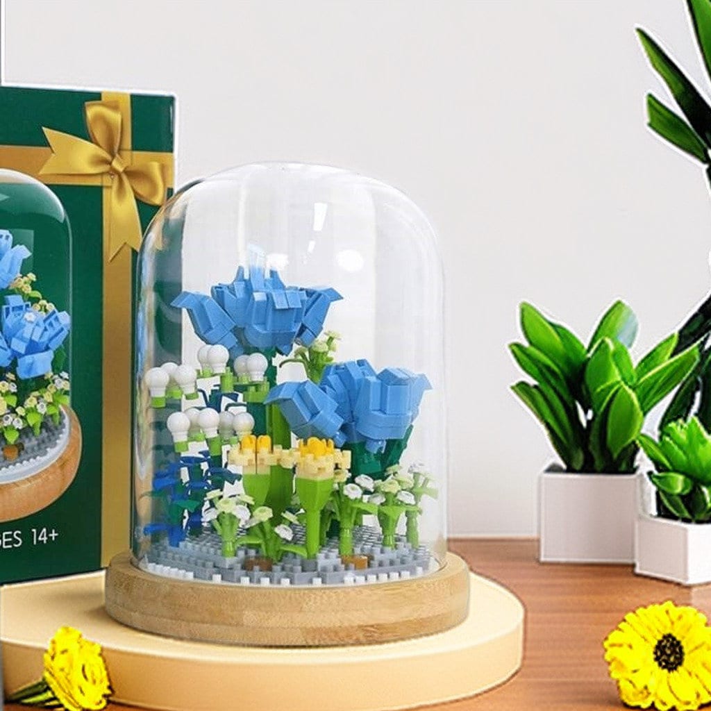 Everlasting Floral Brick Set - Charming Pink Carnation and Blue Rose with Plastic Dome - Creative Home Decor Kit - Builditfy