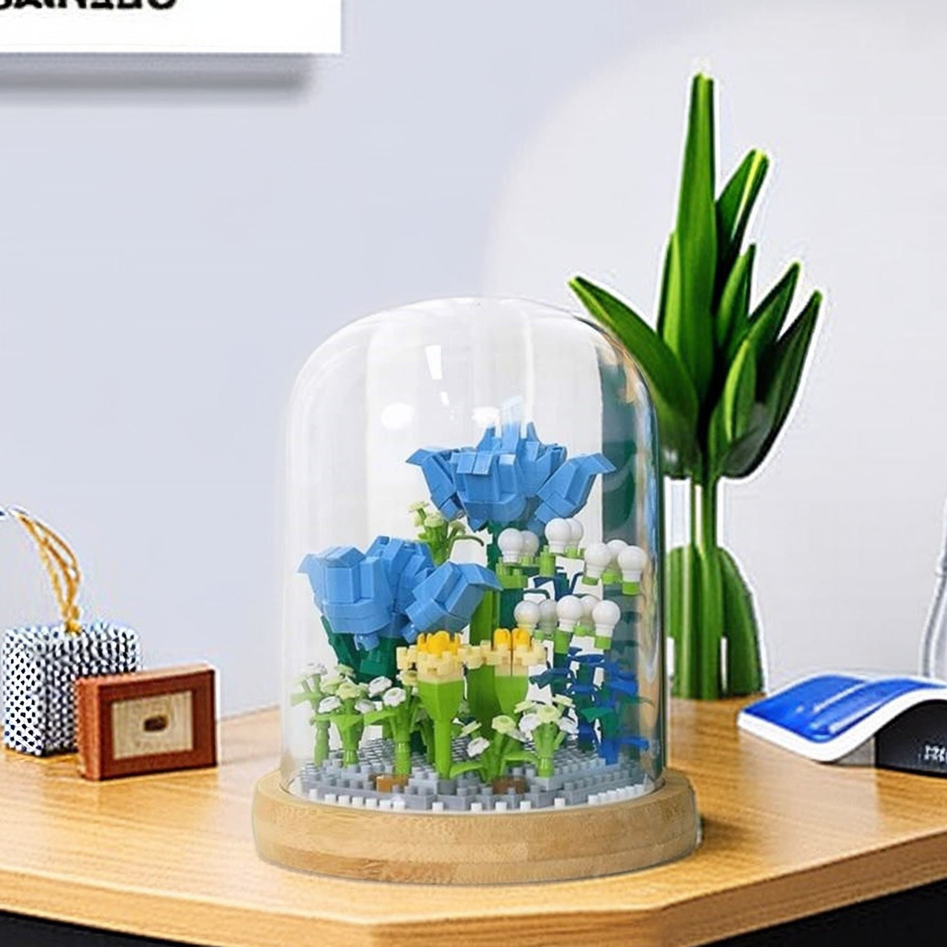 Everlasting Floral Brick Set - Charming Pink Carnation and Blue Rose with Plastic Dome - Creative Home Decor Kit - Builditfy