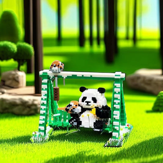 Cute Panda Playground Nano Blocks Brick Set - Articulated Garden Swing and Detachable Panda Figures - 2468 Piece Kit - Builditfy