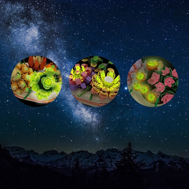 GIFT SET - DIY Luminous Succulent Building Blocks - Set of 3 Unique Flowers, Craft Your Forever Garden - Builditfy