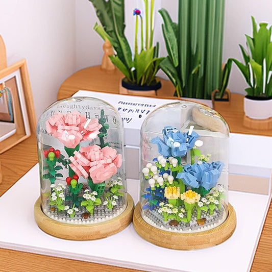 Everlasting Floral Brick Set - Charming Pink Carnation and Blue Rose with Plastic Dome - Creative Home Decor Kit - Builditfy