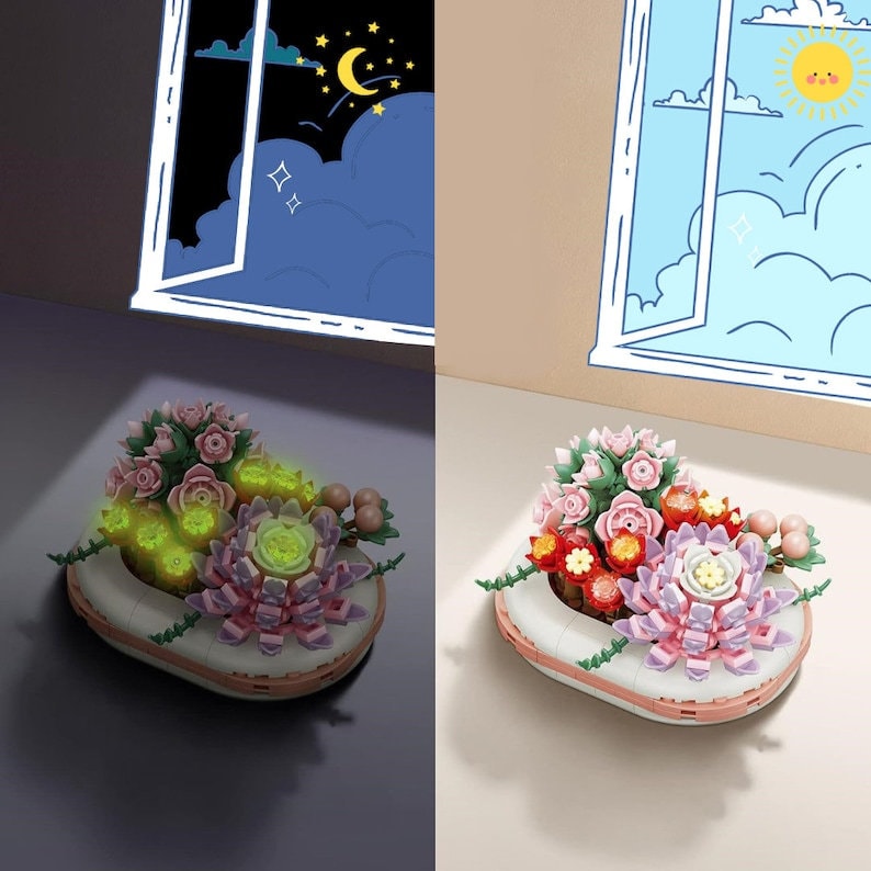 GIFT SET - DIY Luminous Succulent Building Blocks - Set of 3 Unique Flowers, Craft Your Forever Garden - Builditfy