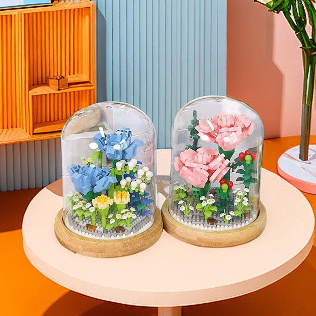 Everlasting Floral Brick Set - Charming Pink Carnation and Blue Rose with Plastic Dome - Creative Home Decor Kit - Builditfy